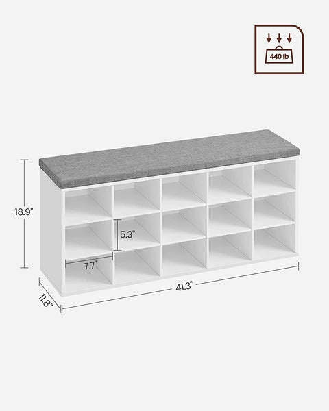 Shoe Rack Bench, Shoe Shelf, Storage Bench, 15 Compartments, with Cushion, for Entryway, White and Gray