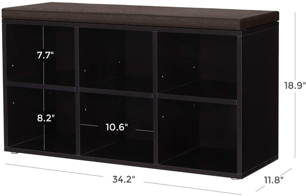 Organizer Shoe Rack with 6 Compartments and 3 Adjustable Shelves, Compact, Narrow Padded Seat for Entrance