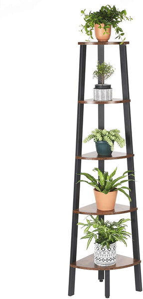 Industrial Corner Shelf, 5-Tier Bookshelf, Plant Stand Brown