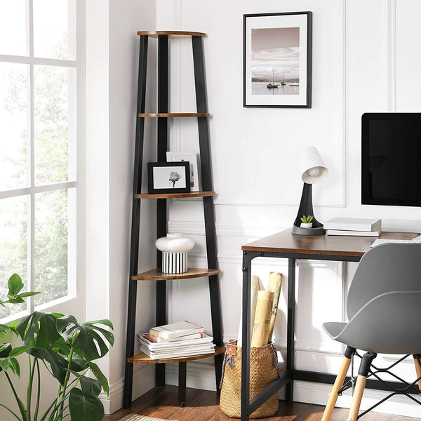 Industrial Corner Shelf, 5-Tier Bookshelf, Plant Stand Brown