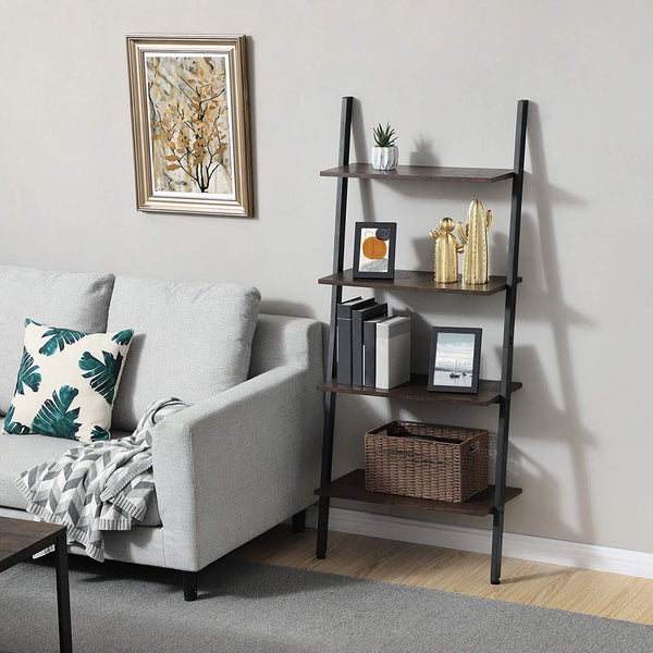 Ladder Shelf, 4-Tier Bookshelf, Storage Rack Shelves, Leaning Against The Wall, Rustic Dark Brown and Black