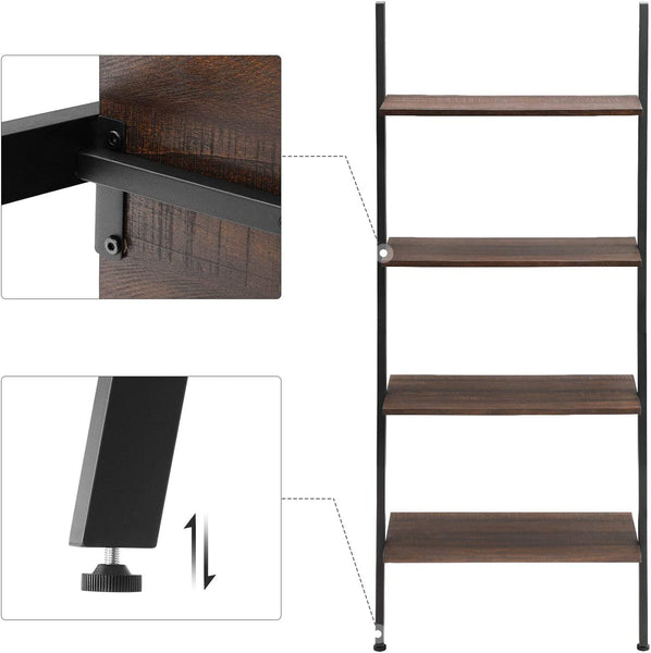 Ladder Shelf, 4-Tier Bookshelf, Storage Rack Shelves, Leaning Against The Wall, Rustic Dark Brown and Black