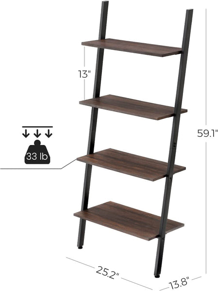 Ladder Shelf, 4-Tier Bookshelf, Storage Rack Shelves, Leaning Against The Wall, Rustic Dark Brown and Black