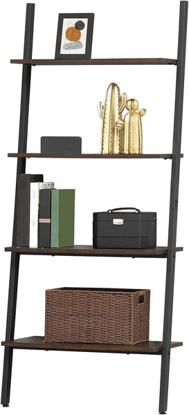 Ladder Shelf, 4-Tier Bookshelf, Storage Rack Shelves, Leaning Against The Wall, Rustic Dark Brown and Black