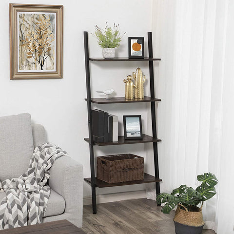 Ladder Shelf, 4-Tier Bookshelf, Storage Rack Shelves, Leaning Against The Wall, Rustic Dark Brown and Black