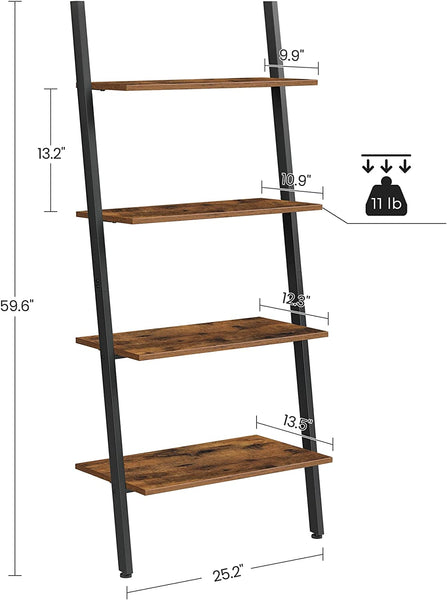 4-Tier Ladder Shelf, Bookshelf, Storage Rack Shelves, Steel, Stable, Sloping, Leaning Against The Wall