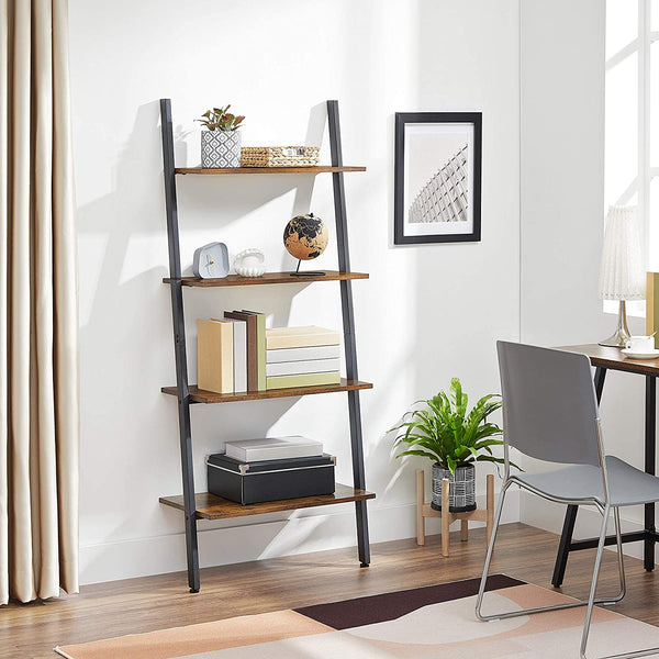 4-Tier Ladder Shelf, Bookshelf, Storage Rack Shelves, Steel, Stable, Sloping, Leaning Against The Wall