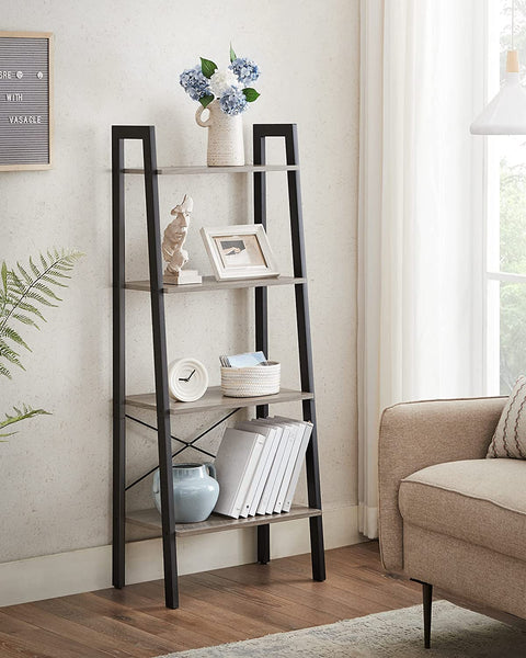 Ladder Shelf, 4-Tier Bookshelf, Storage Rack, Bookcase with Steel Frame, Grey and Black