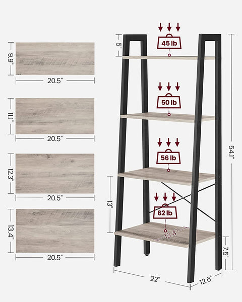 Ladder Shelf, 4-Tier Bookshelf, Storage Rack, Bookcase with Steel Frame, Grey and Black