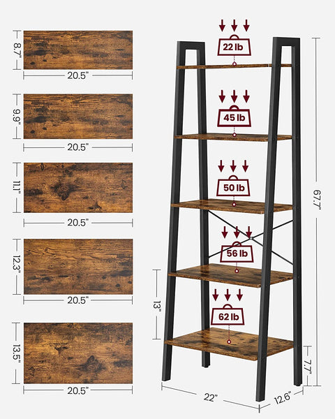 5-Tier Bookshelf, Industrial Bookcase and Storage Rack, Wood Look Accent Furniture with Metal Frame