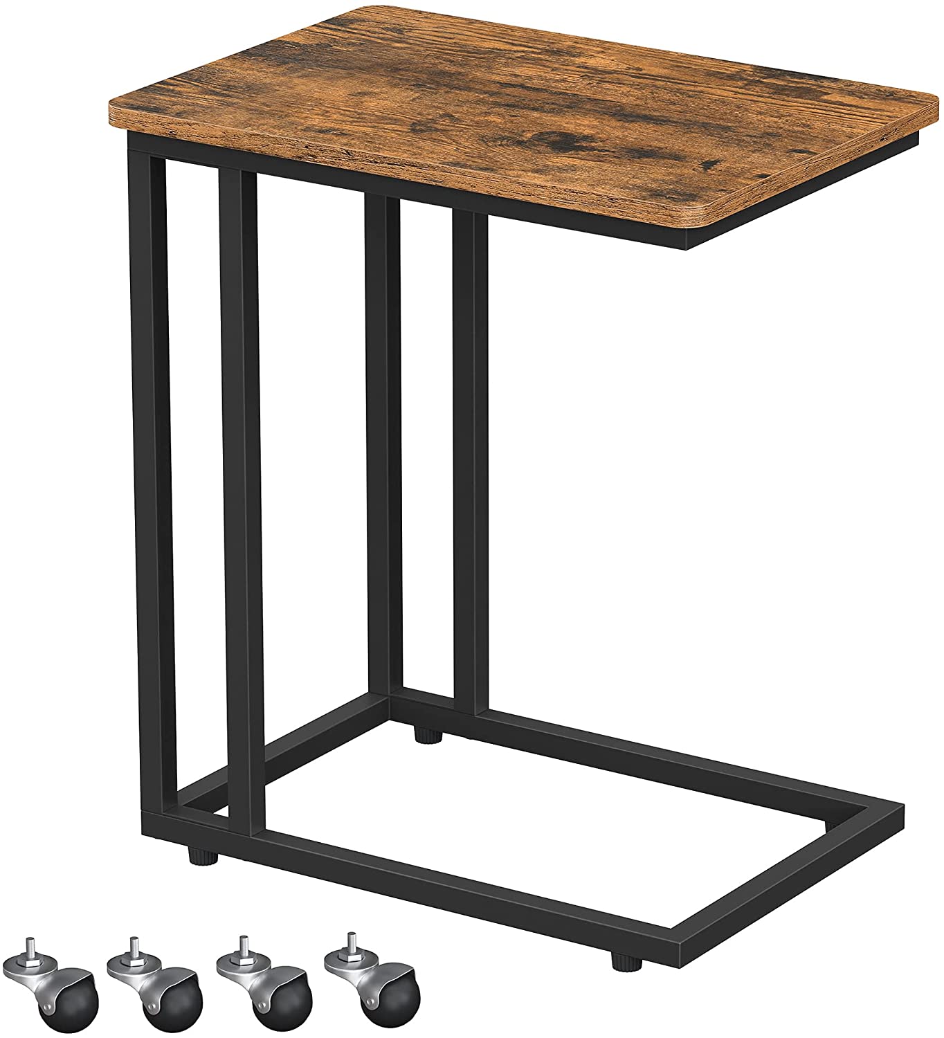 Industrial Side Table, Mobile Snack Table, Portable Table with Wheels and Metal Frame