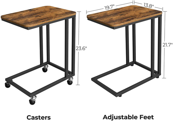 Industrial Side Table, Mobile Snack Table, Portable Table with Wheels and Metal Frame