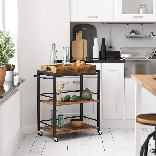 Kitchen Serving Cart with Removable Tray, 3-Tier Kitchen Utility Cart on Wheels with Storage,