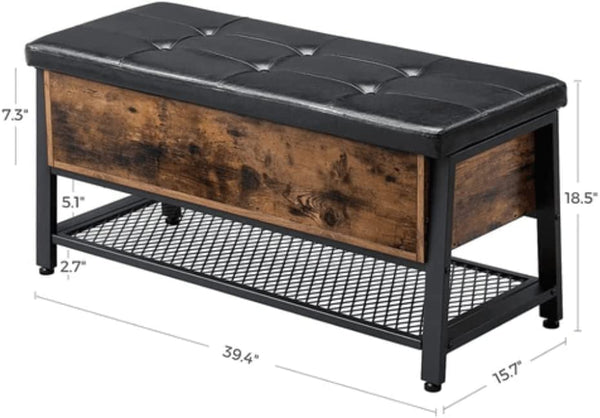 Industrial Storage Bench, Bed End Stool with Padded Seat and Metal Shelf, Sturdy Steel Frame