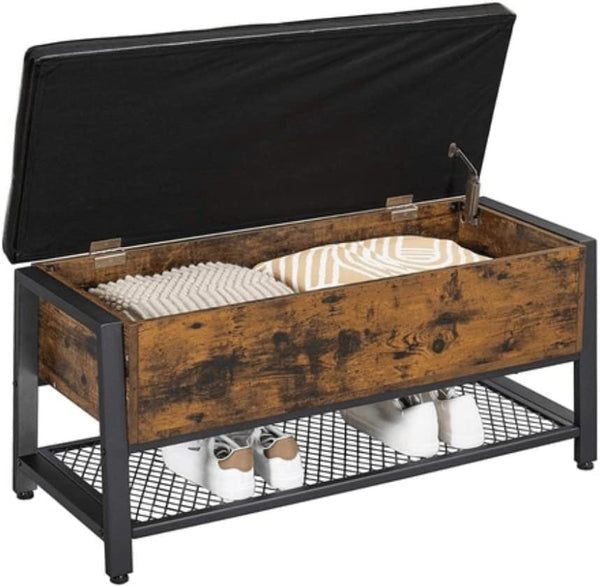 Industrial Storage Bench, Bed End Stool with Padded Seat and Metal Shelf, Sturdy Steel Frame