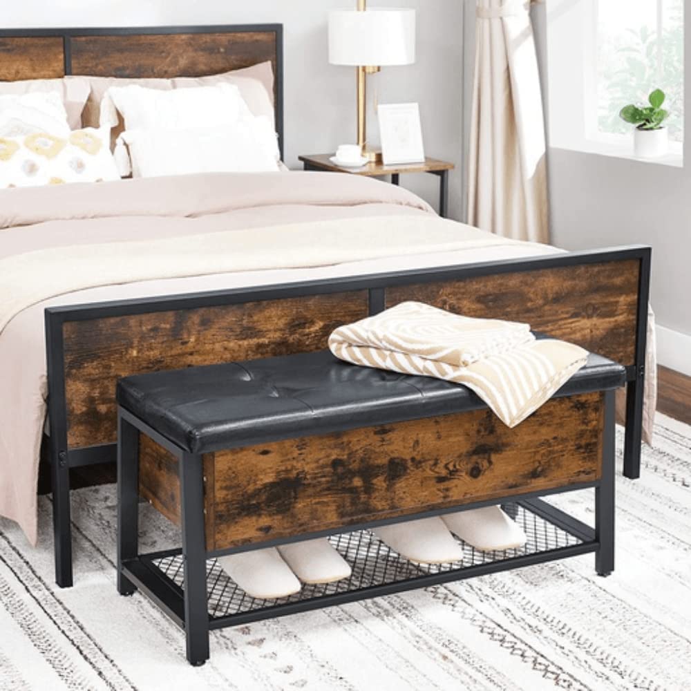 Industrial Storage Bench, Bed End Stool with Padded Seat and Metal Shelf, Sturdy Steel Frame