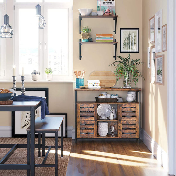 Kitchen Storage Cabinet with Cupboard and Shelves, Louvred Doors, Floor Standing Cabinet