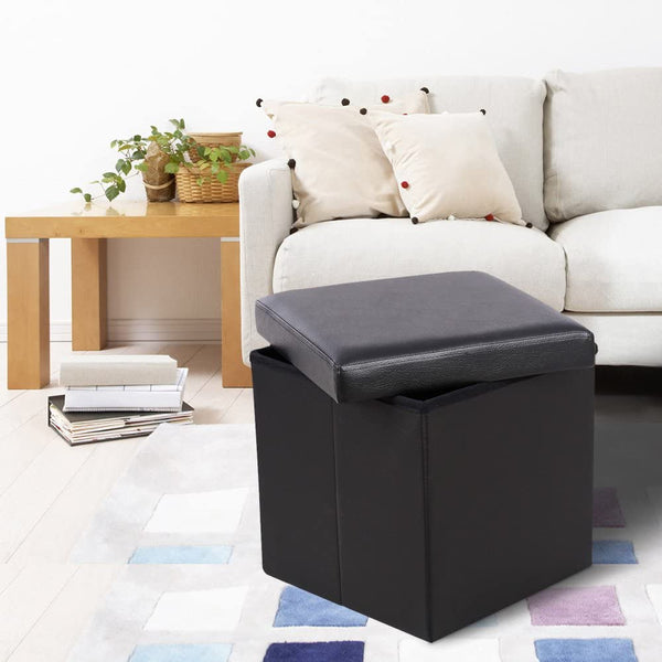 Faux Leather Storage Ottoman Cube Foldable Footrest Stool Black