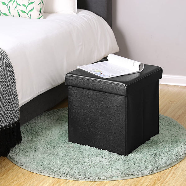 Faux Leather Storage Ottoman Cube Foldable Footrest Stool Black