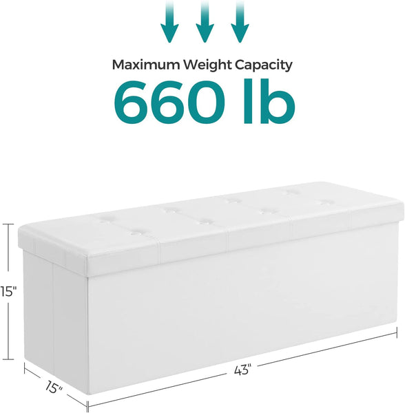 43 Inches Folding Storage Ottoman Bench, Storage Chest, Footrest, Padded Seat, Faux Leather, Holds up to 660 lb, White