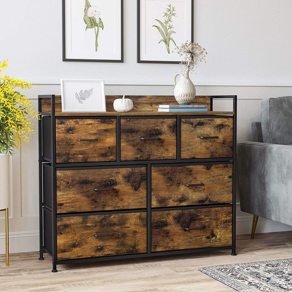 Drawer Dresser, Chest of Drawers, Closet Storage Dresser, 7 Fabric Drawers and Metal Frame with Handles, Rustic Brown and Black