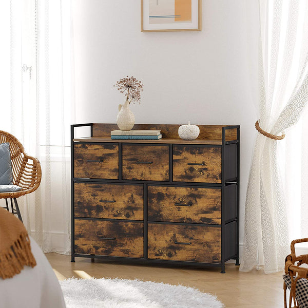 Drawer Dresser, Chest of Drawers, Closet Storage Dresser, 7 Fabric Drawers and Metal Frame with Handles, Rustic Brown and Black