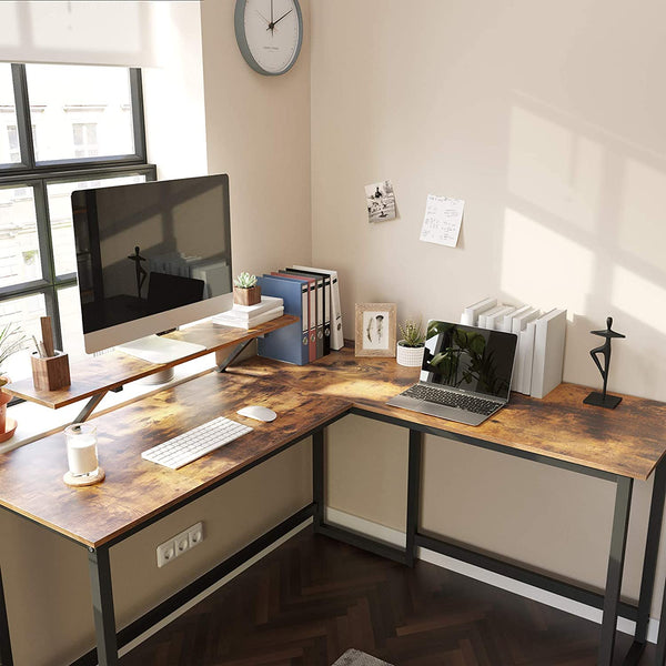 Computer Desk, L-Shaped Writing Workstation, Corner Desk With Monitor Stand Brown