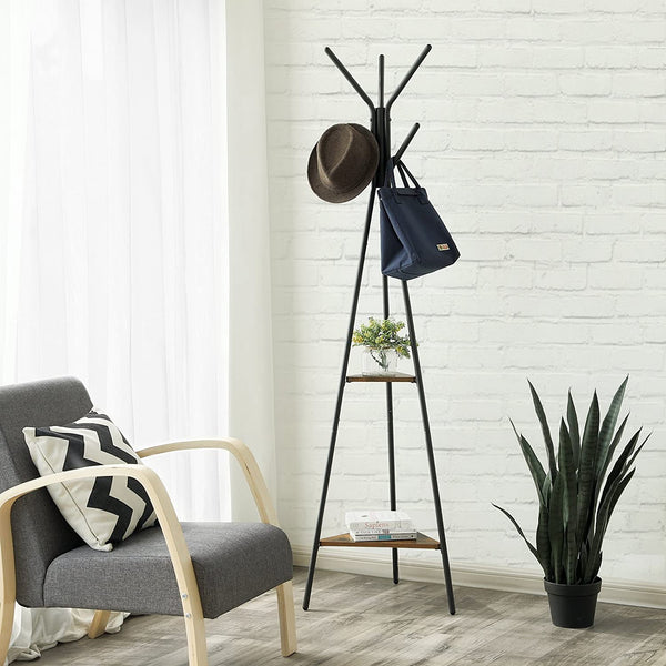 Coat Rack 2-Shelf Freestanding Coat Stand for Clothes, Hat, Bag, Brown