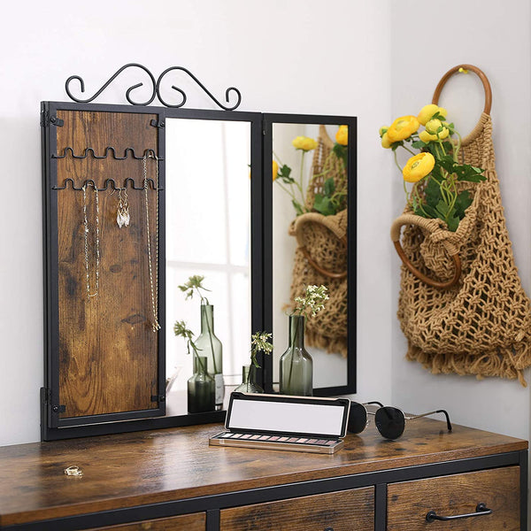 Vanity Table Set, Dressing Table with Stool, Tri-Fold Mirror, 3 Drawers, Makeup Table with Steel Frame, Rustic Brown and Black