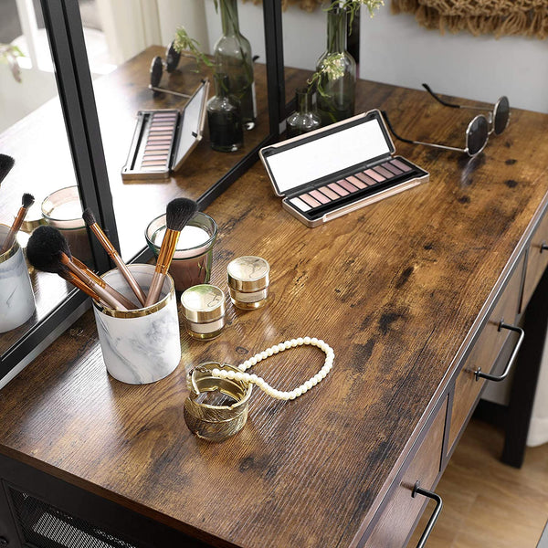 Vanity Table Set, Dressing Table with Stool, Tri-Fold Mirror, 3 Drawers, Makeup Table with Steel Frame, Rustic Brown and Black