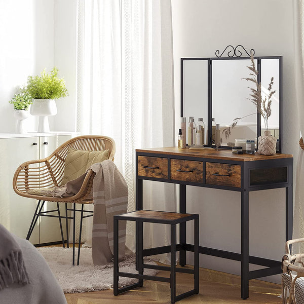 Vanity Table Set, Dressing Table with Stool, Tri-Fold Mirror, 3 Drawers, Makeup Table with Steel Frame, Rustic Brown and Black