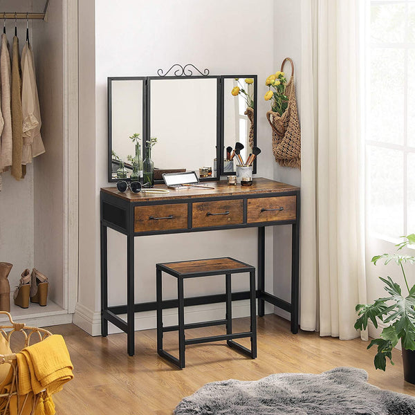 Vanity Table Set, Dressing Table with Stool, Tri-Fold Mirror, 3 Drawers, Makeup Table with Steel Frame, Rustic Brown and Black