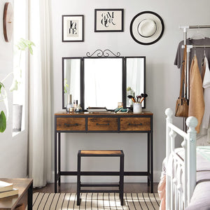 Vanity Table Set, Dressing Table with Stool, Tri-Fold Mirror, 3 Drawers, Makeup Table with Steel Frame, Rustic Brown and Black