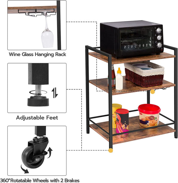 Bar Cart, Serving Cart with Wine Glasses Hooks, Rolling Kitchen Cart with Lockable Wheels, Beverage Cart with Storage Shelves, Adjustable Feet