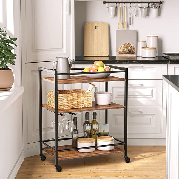 Bar Cart, Serving Cart with Wine Glasses Hooks, Rolling Kitchen Cart with Lockable Wheels, Beverage Cart with Storage Shelves, Adjustable Feet