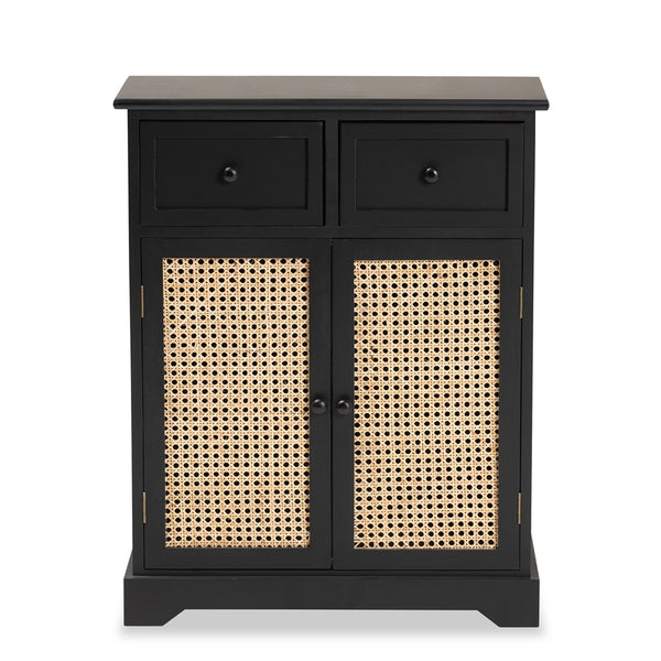 Mid-Century Modern Transitional Espresso Brown Finished Wood and Rattan 2-Drawer Storage Cabinet