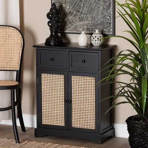 Mid-Century Modern Transitional Espresso Brown Finished Wood and Rattan 2-Drawer Storage Cabinet