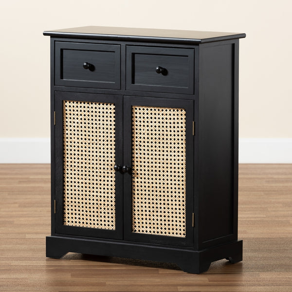 Mid-Century Modern Transitional Espresso Brown Finished Wood and Rattan 2-Drawer Storage Cabinet