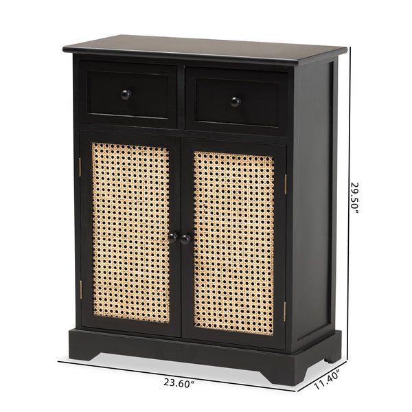 Mid-Century Modern Transitional Espresso Brown Finished Wood and Rattan 2-Drawer Storage Cabinet