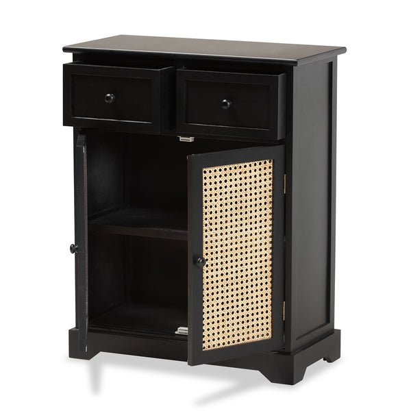 Mid-Century Modern Transitional Espresso Brown Finished Wood and Rattan 2-Drawer Storage Cabinet