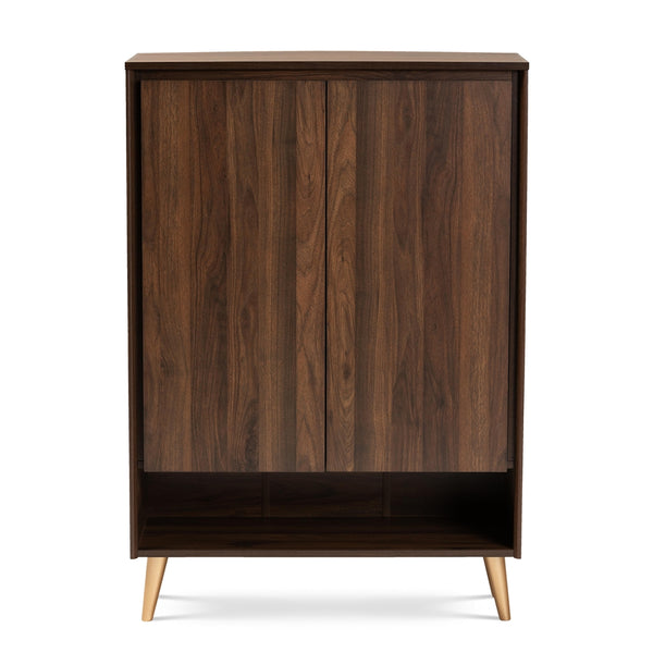 2-Door Entryway Shoe Storage Cabinet Mid-Century Modern Walnut Brown and Gold Finished Wood