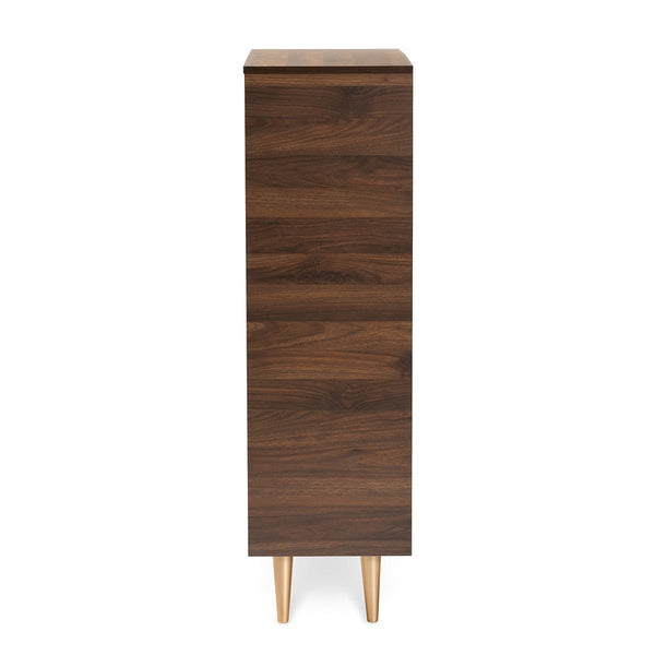 2-Door Entryway Shoe Storage Cabinet Mid-Century Modern Walnut Brown and Gold Finished Wood