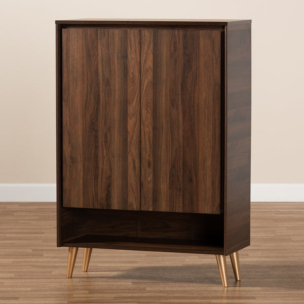 2-Door Entryway Shoe Storage Cabinet Mid-Century Modern Walnut Brown and Gold Finished Wood