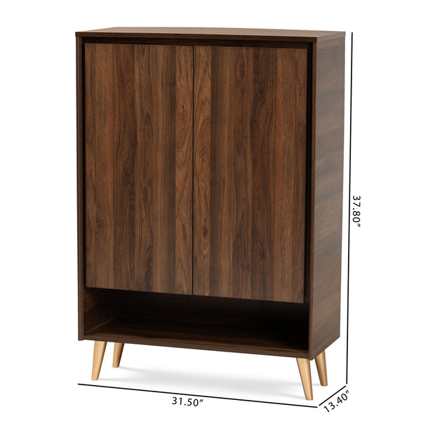 2-Door Entryway Shoe Storage Cabinet Mid-Century Modern Walnut Brown and Gold Finished Wood