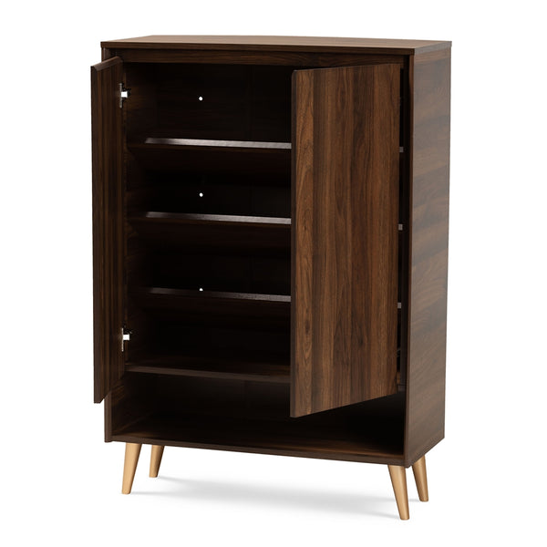 2-Door Entryway Shoe Storage Cabinet Mid-Century Modern Walnut Brown and Gold Finished Wood