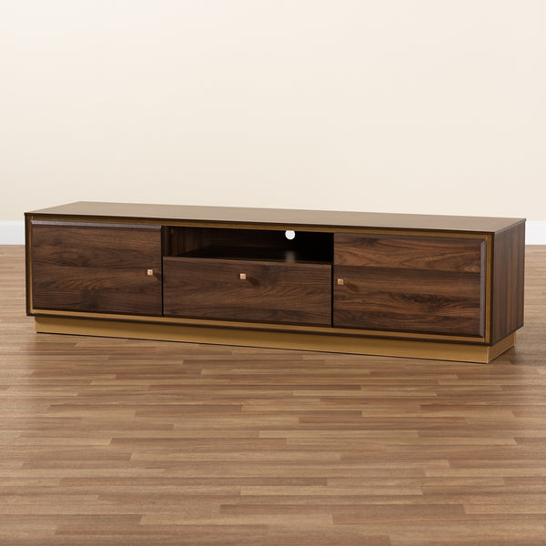 Walnut Brown Finished Wood and Gold Metal 2-Door TV Stand Mid-Century Modern Transitional