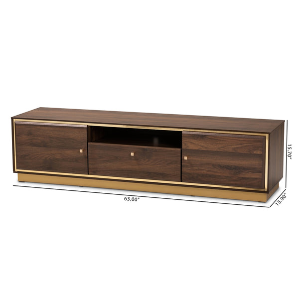 Walnut Brown Finished Wood and Gold Metal 2-Door TV Stand Mid-Century Modern Transitional