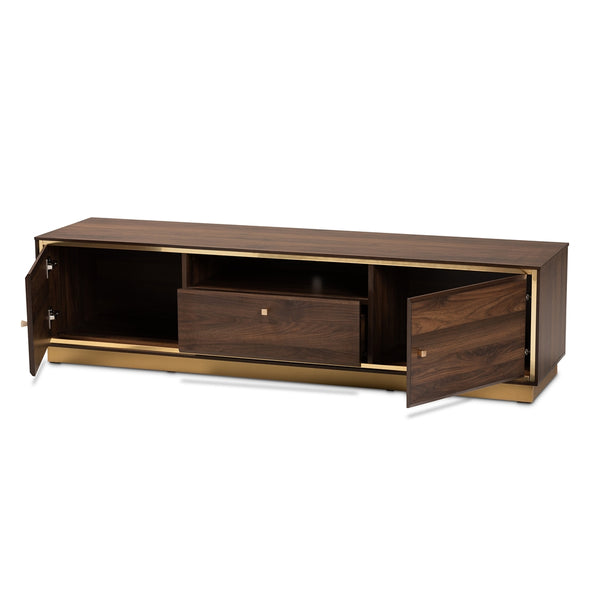 Walnut Brown Finished Wood and Gold Metal 2-Door TV Stand Mid-Century Modern Transitional