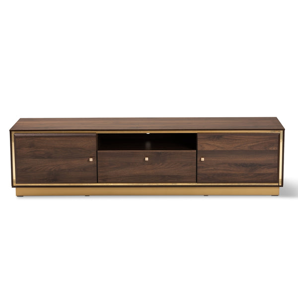 Walnut Brown Finished Wood and Gold Metal 2-Door TV Stand Mid-Century Modern Transitional