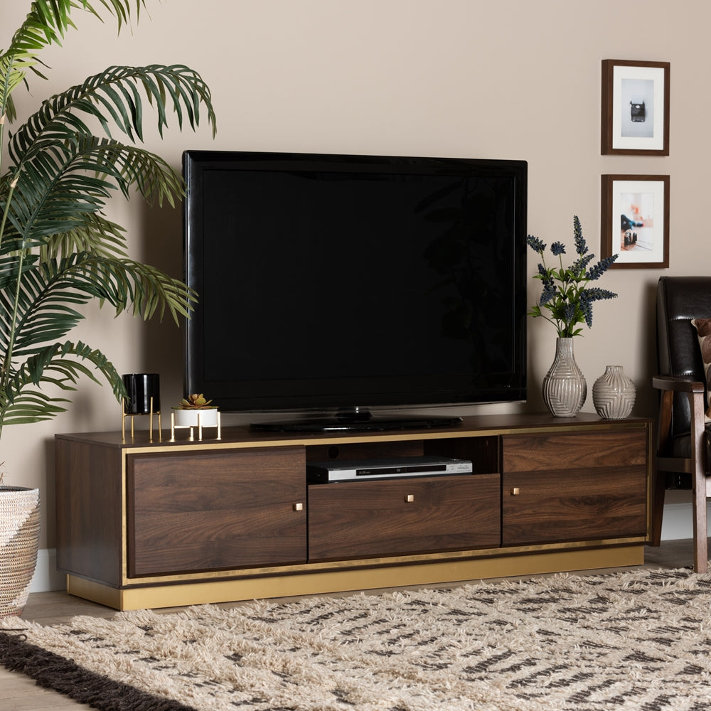 Walnut Brown Finished Wood and Gold Metal 2-Door TV Stand Mid-Century Modern Transitional